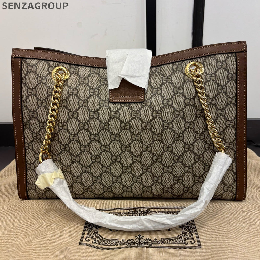 Gucci GG Padlock Shoulder Bag Brown Canvas Chain Strap Women