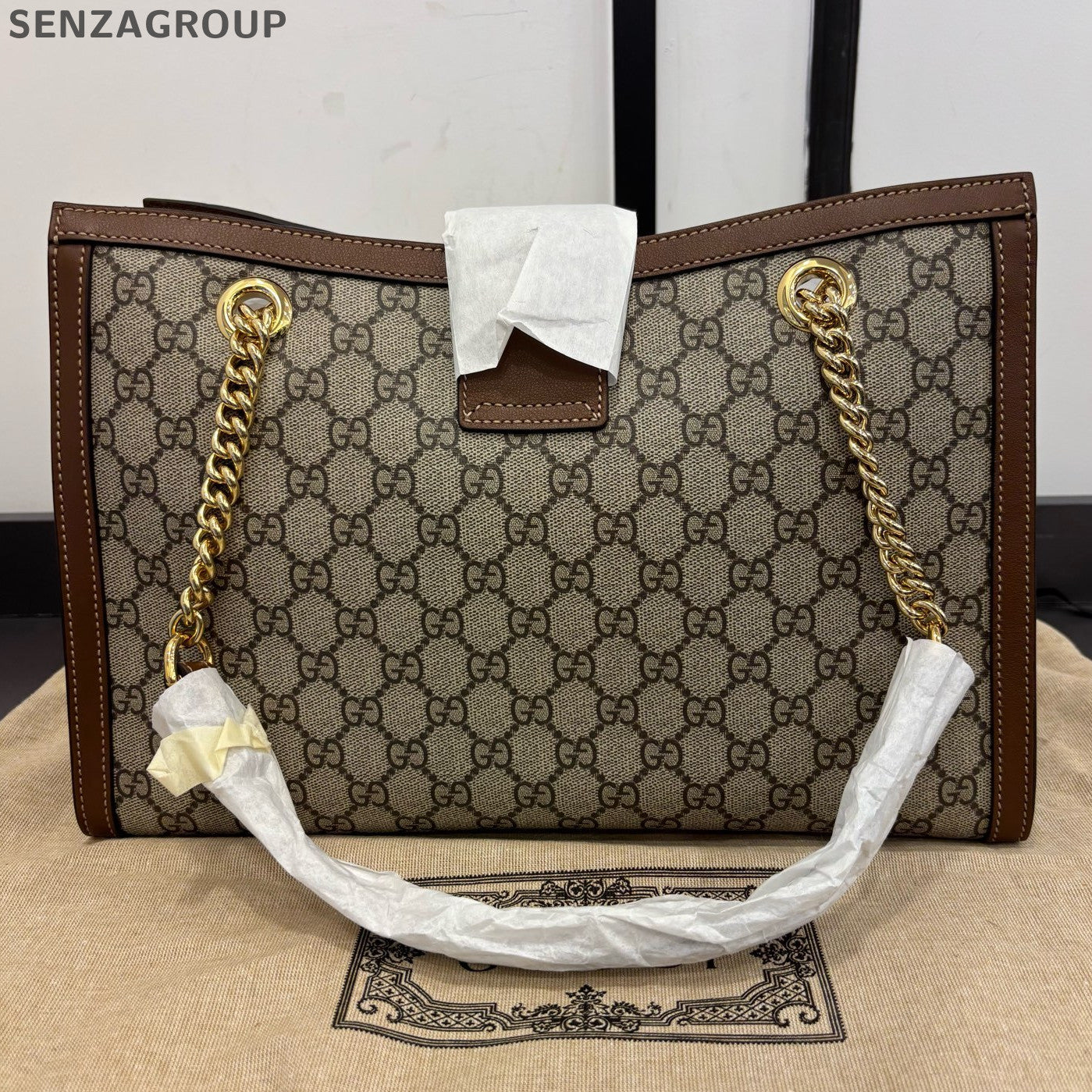 Gucci GG Padlock Shoulder Bag Brown Canvas Chain Strap Women