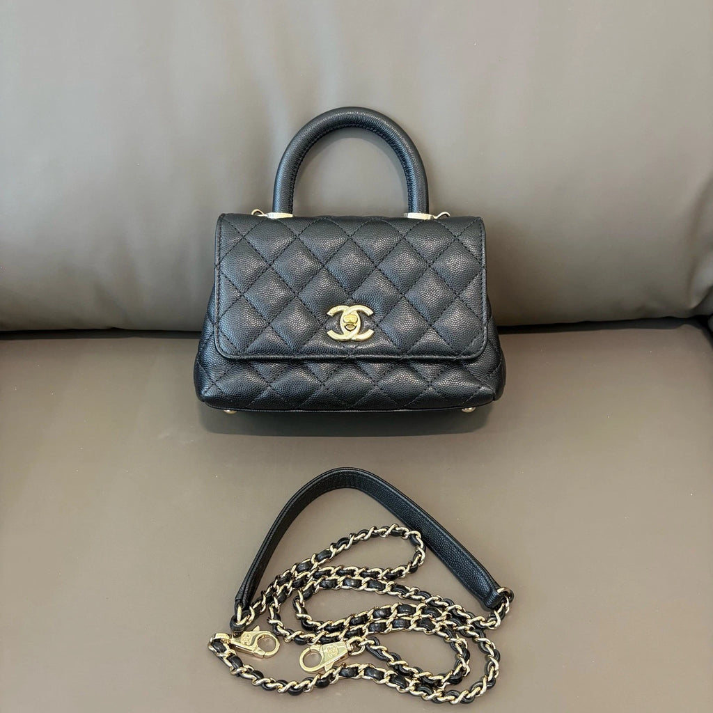 Chanel Coco Handle Mini Calfskin Black Top Handle Bag Gold Chain Crossbody