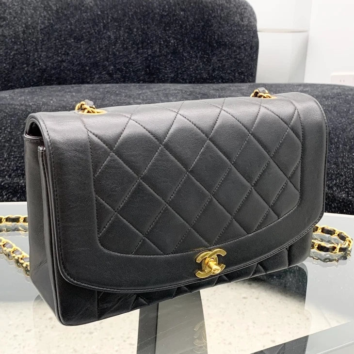 Chanel Classic Flap Lambskin Chain Shoulder Bag Black Gold Women Vintage S