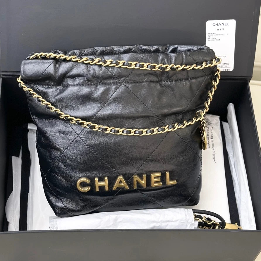 Chanel 22Bag Mini Chain Calfskin Shoulder Bag Black Gold Hardware Women S