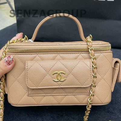 Chanel 22K Beige Long Box Bag Gold Hardware Calfskin Quilted Shoulder Bag