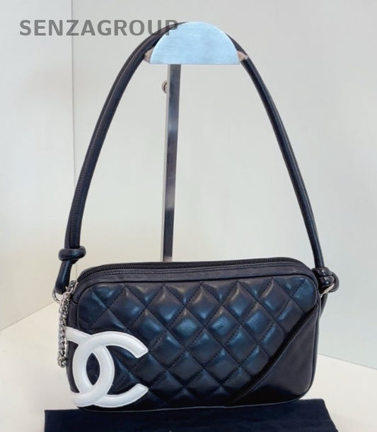 Chanel Cambon Vintage Shoulder Bag Black White Women Classic Diamond