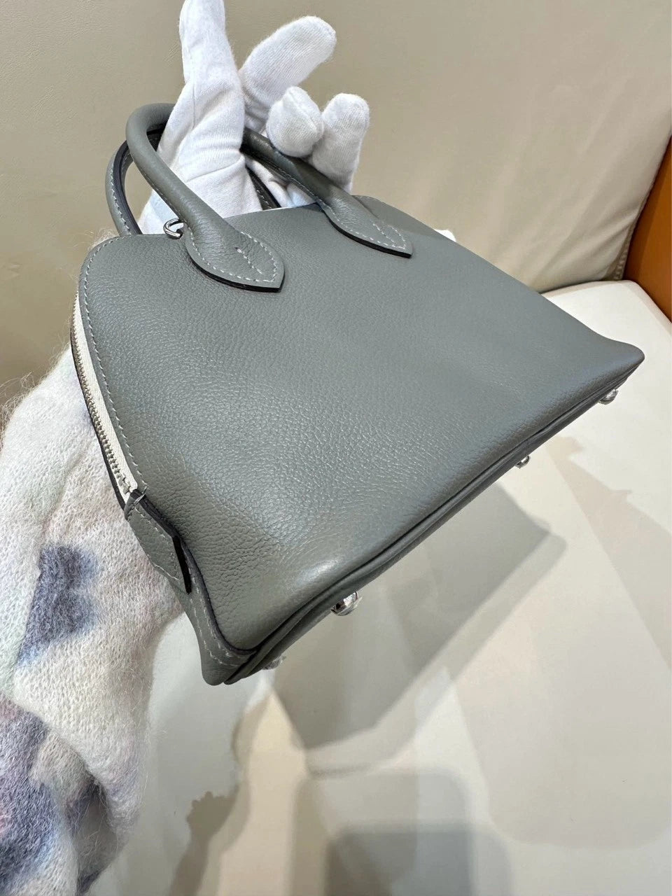 Hermes Mini Bolide Gray Leather Top Handle Bag For Women