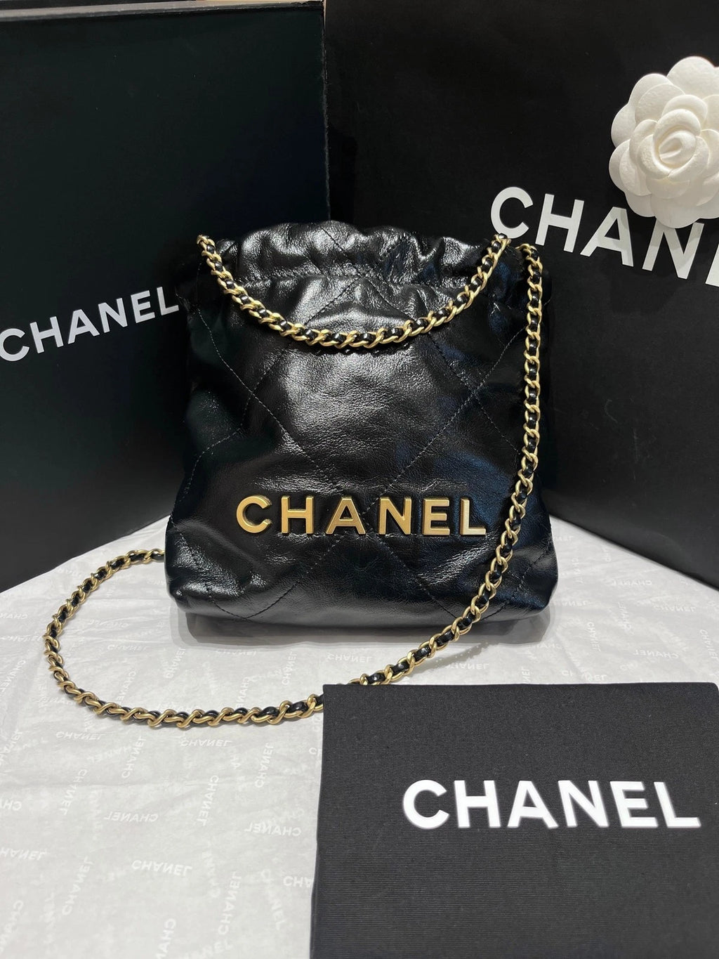 CHANEL Black Gold Calfskin 22 Shoulder Bag For Women