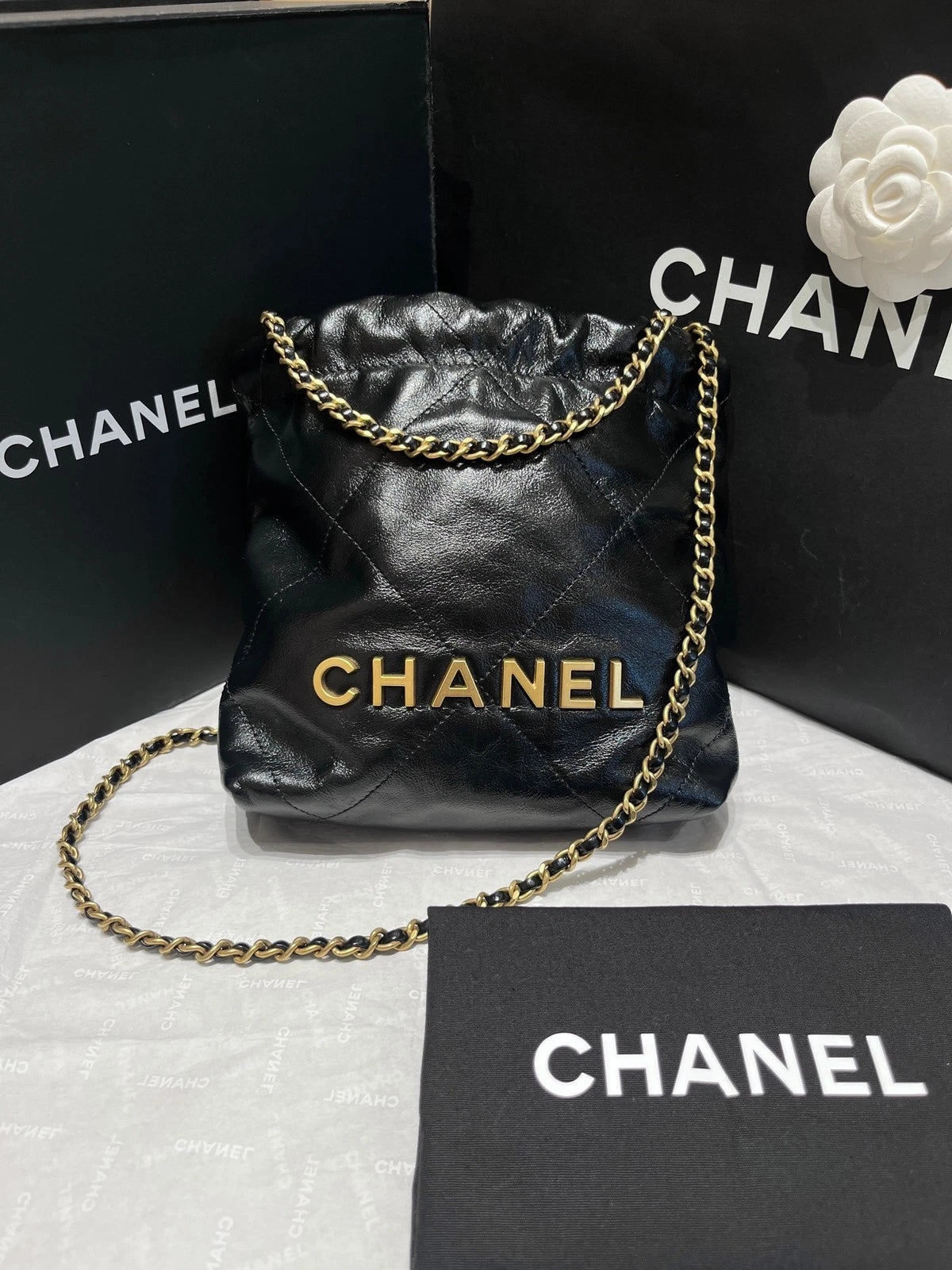 CHANEL Black Gold Calfskin 22 Shoulder Bag For Women