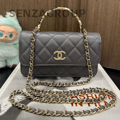 Chanel WOC Quilted Chain Shoulder Crossbody Bag Grey Gold