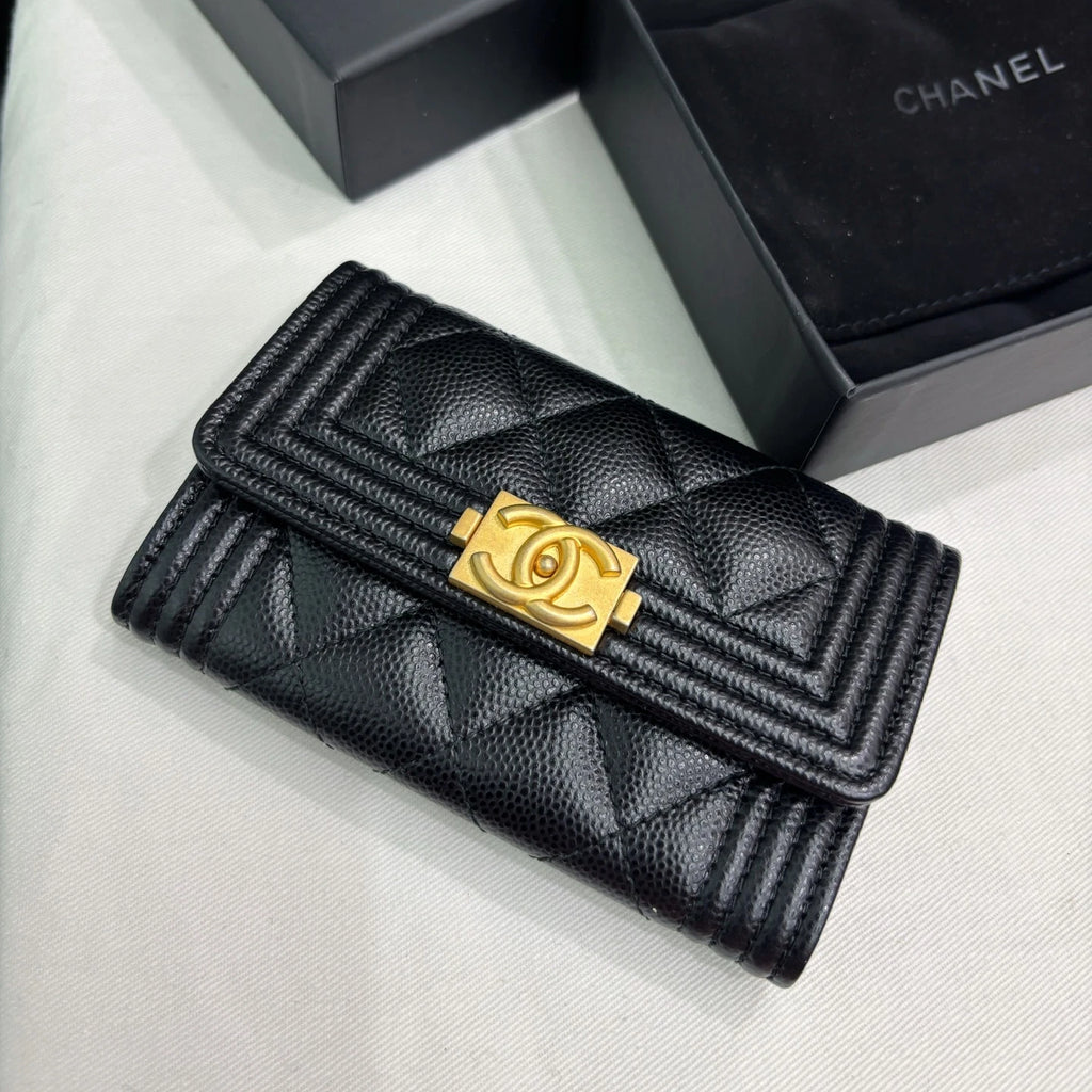 Chanel Leboy Calfskin Diamond Wallet Black Gold Used Women Classic
