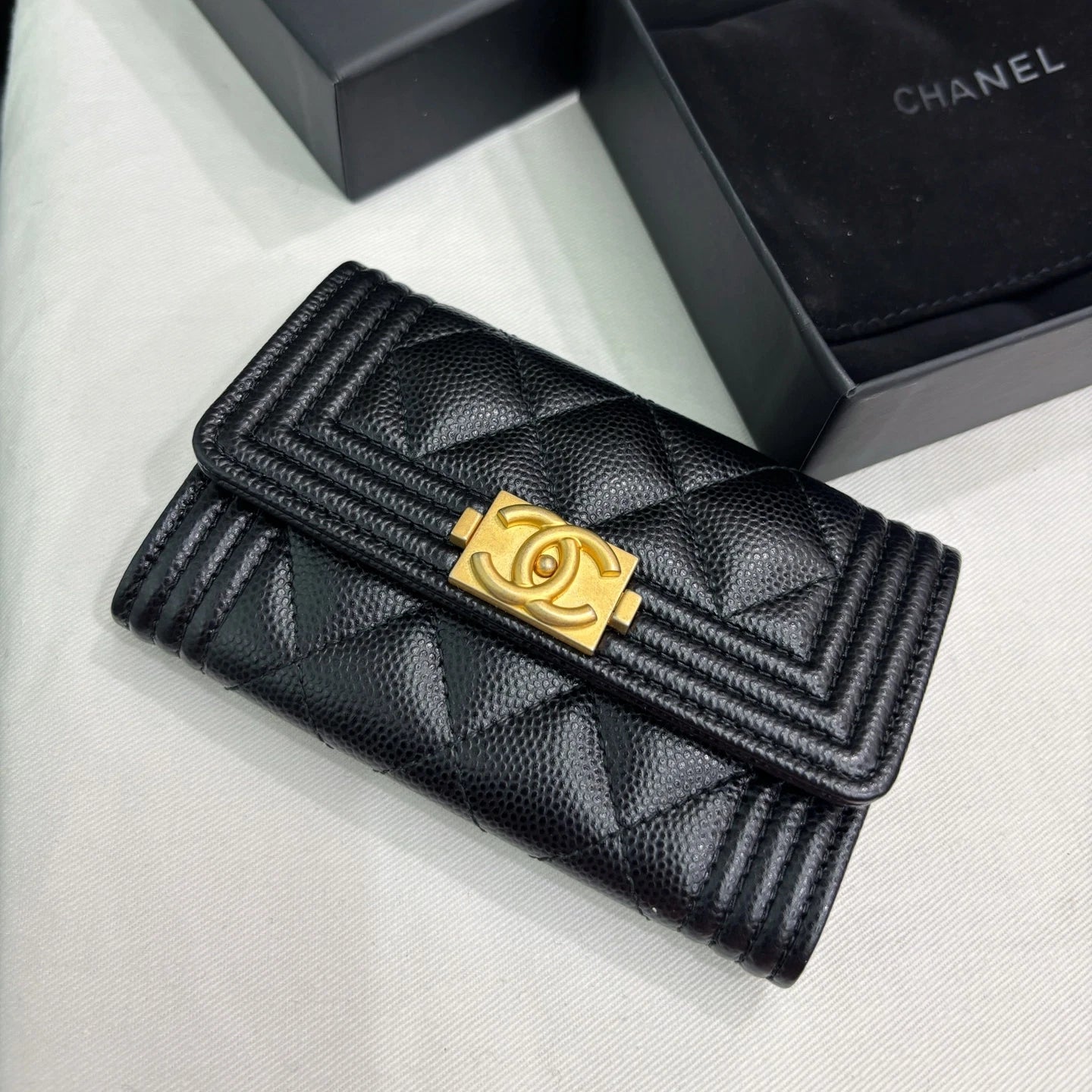 Chanel Leboy Calfskin Diamond Wallet Black Gold Used Women Classic