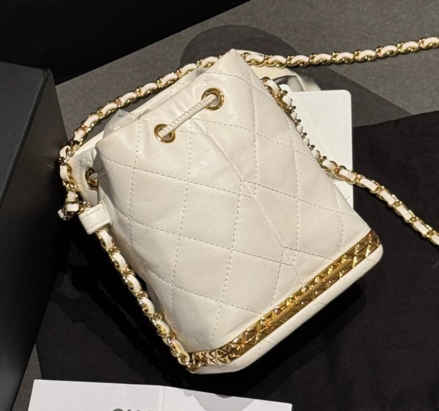 Chanel Diamond Chain Bucket Shoulder Bag Crossbody White Gold Women Classic