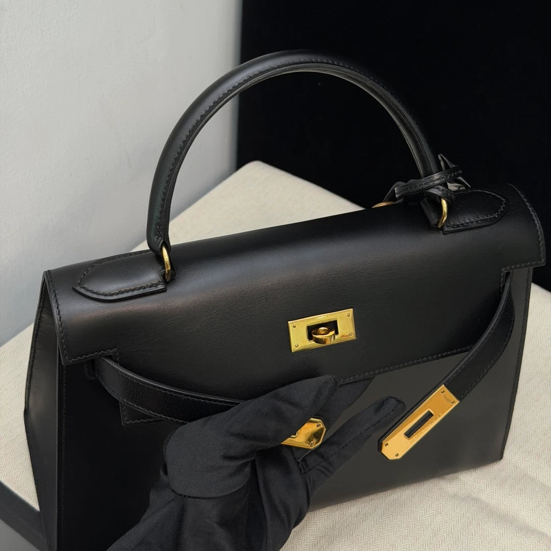 Authentic Hermes Kelly28 Box Tote Black Handbag Gold Hardware