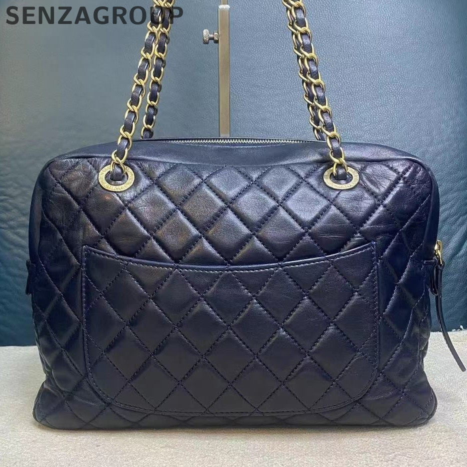 Chanel Large Camera Bag Quilted Chain Shoulder Bag Black Gold Classic Women