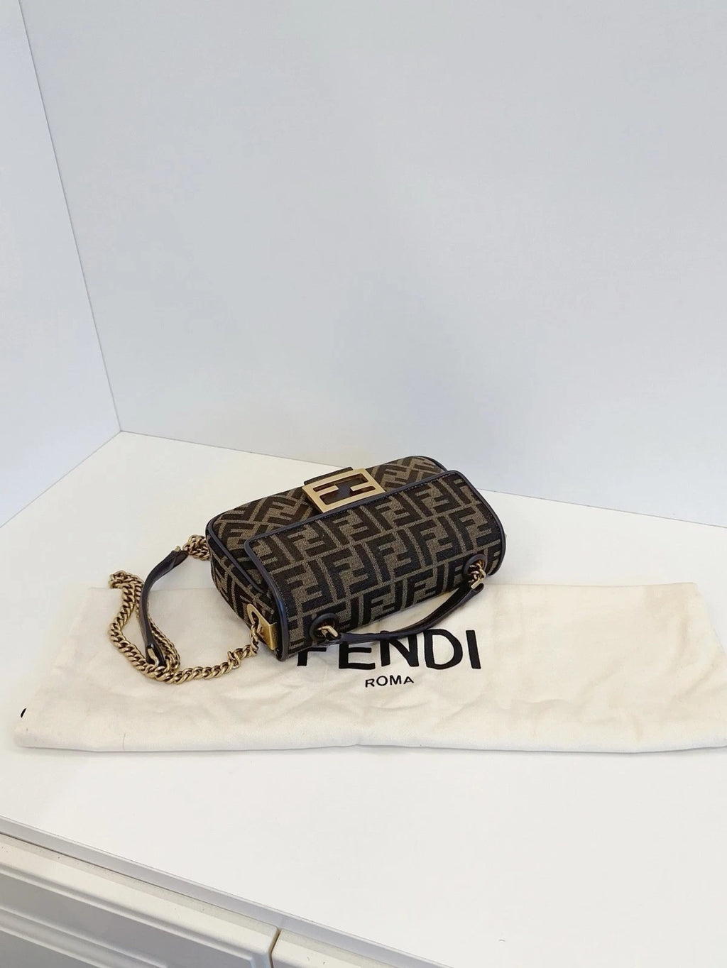 Fendi Baguette Medium FF Logo Chain Shoulder Crossbody Bag Brown