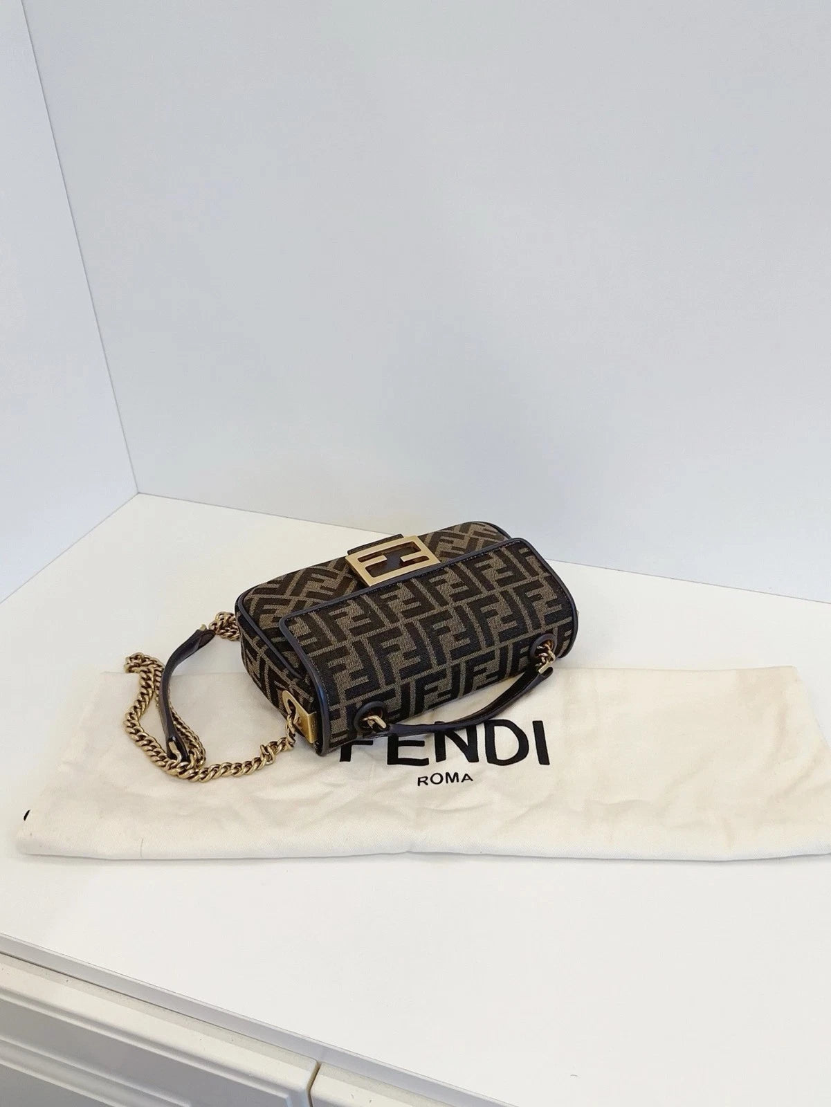 Fendi Baguette Medium FF Logo Chain Shoulder Crossbody Bag Brown