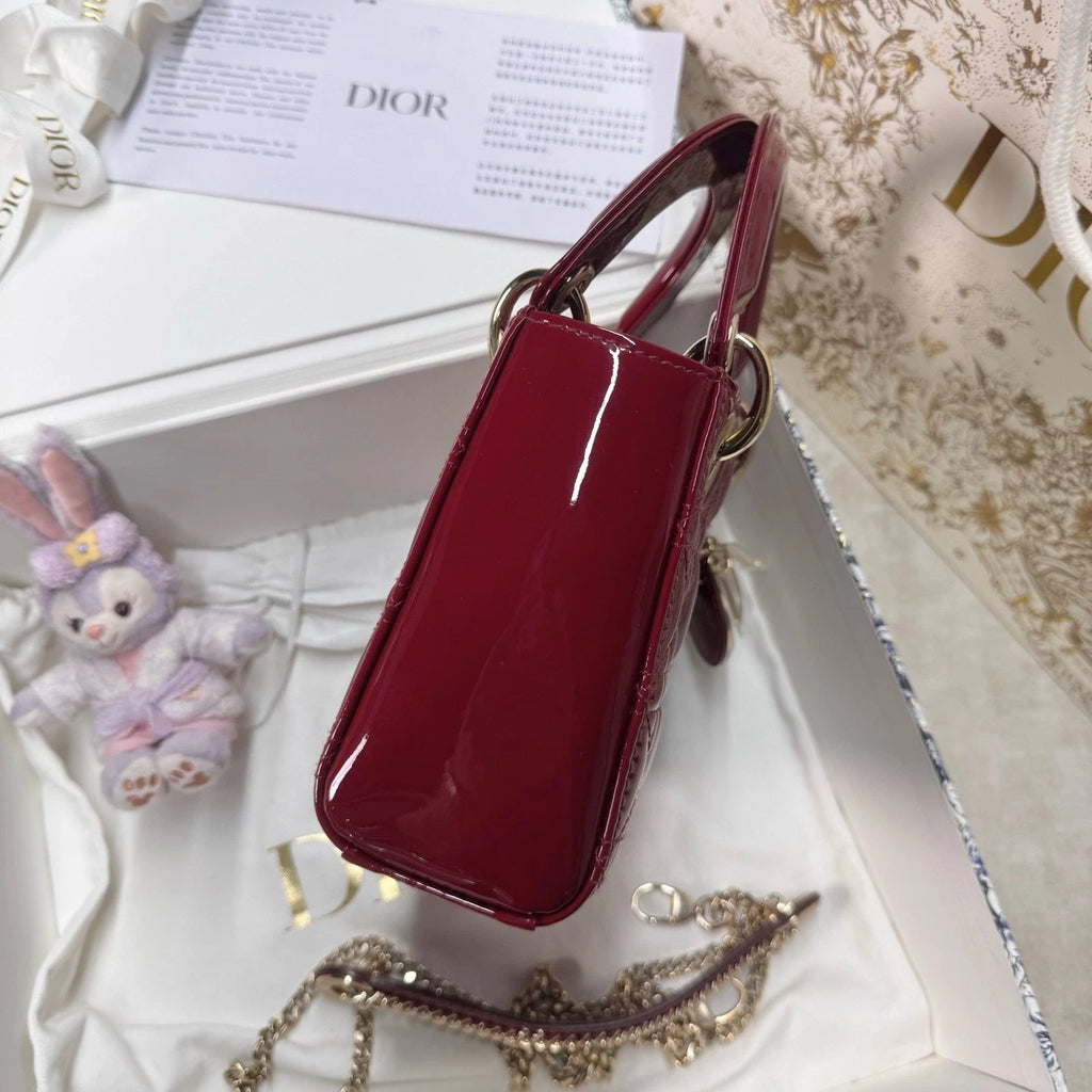 New Dior Red Patent Leather 3-Grid Lady Dior Handbag For Women