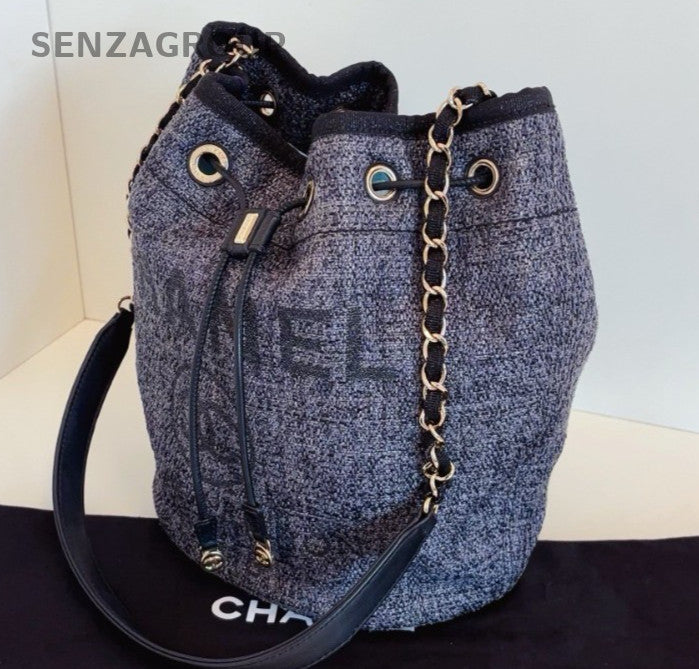 Chanel Beach Drawstring Bucket Chain Shoulder Bag Crossbody Gray Black Women