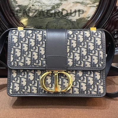 Dior Montaigne Oblique Denim Blue Gold Medium Shoulder Bag Women Classic