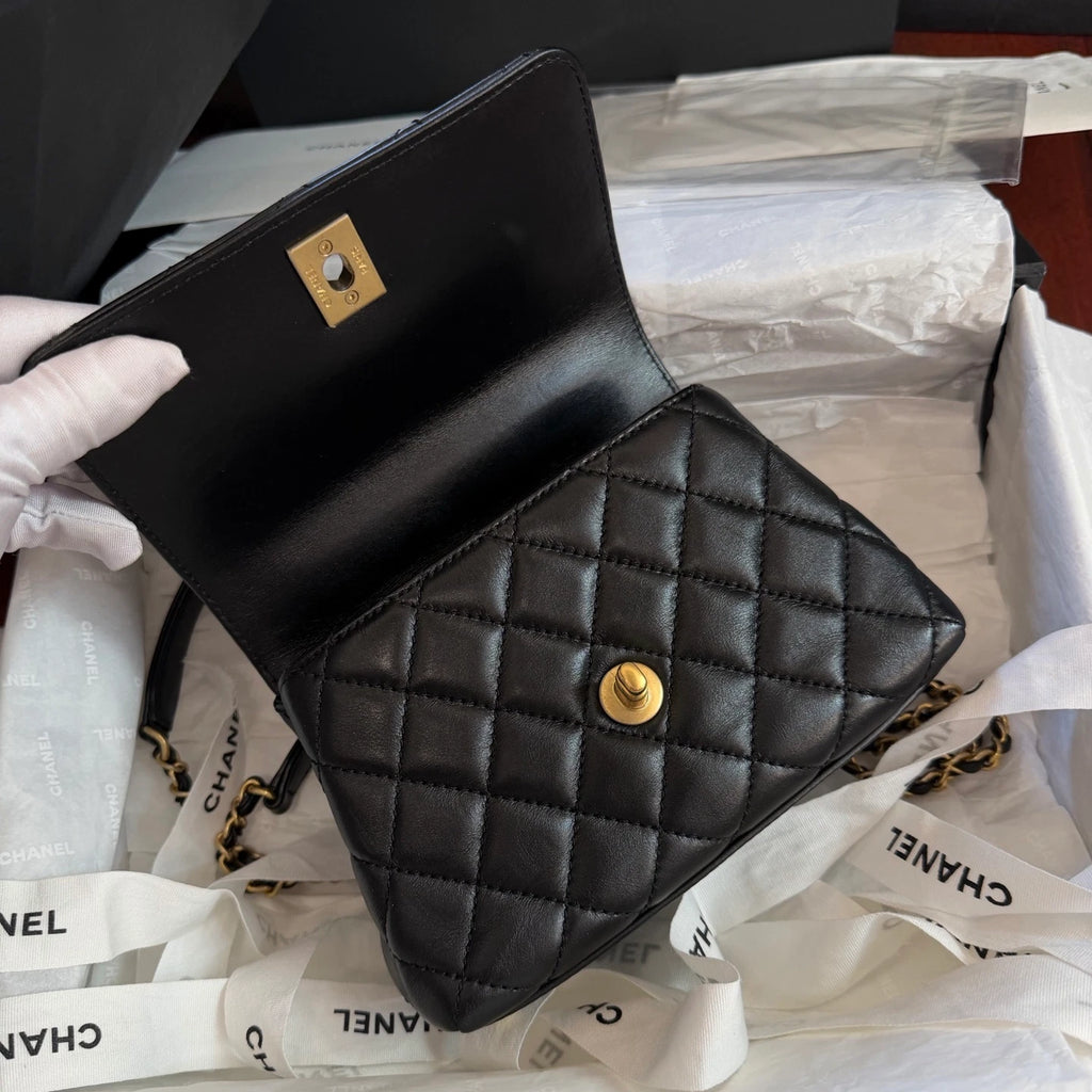Chanel Cocohandle Mini Chain Lambskin Top Handle Crossbody Black Gold Women