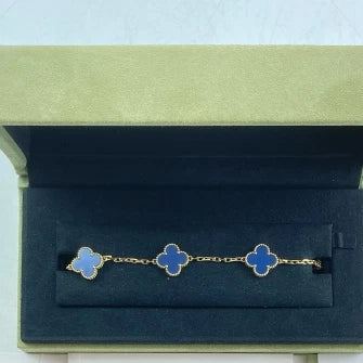 Van Cleef &amp; Arpels Vintage Alhambra 5 Motifs Bracelet 18K Yellow Gold Blue Agate