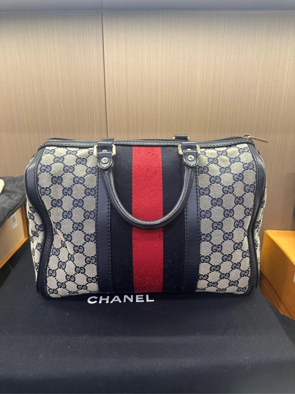 Gucci Blue Leather Canvas Boston Shoulder Crossbody Bag For Women