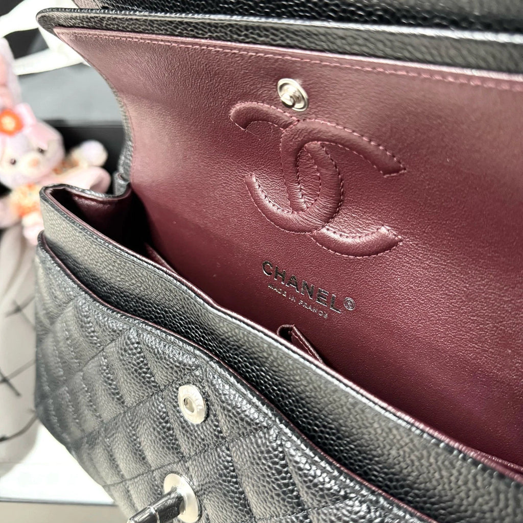 New CHANEL Classic Flap Small Black Calfskin Silver Hardware Bag For Women