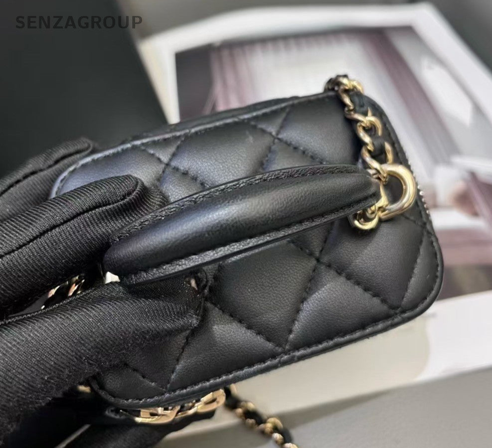 CHANEL Vanity mini Lambskin Top Handle Chain Shoulder Handbag Black Gold Women