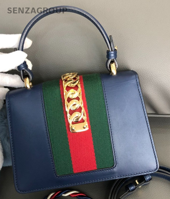 GUCCI Sylvie PM Top Handle 2way Shoulder Handbag Women Crossbody Blue and gold