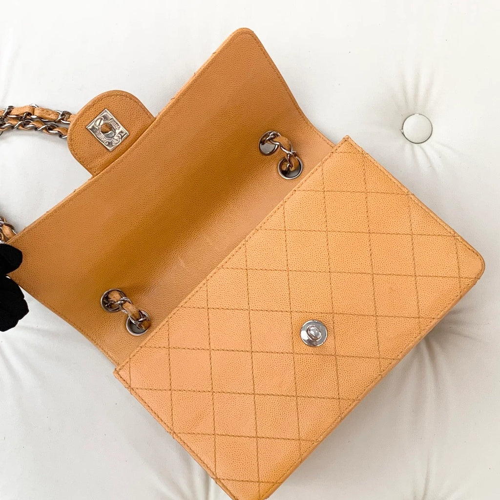 Chanel Classic Flap Chain Calfskin Shoulder Crossbody Bag Orange Women S