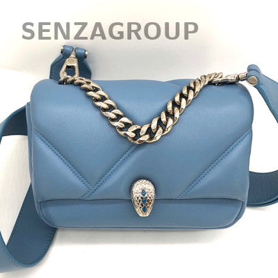 Bvlgari Serpenti Blue Leather Shoulder Bag Silver Clasp Classic Women