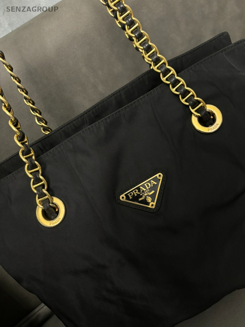 PRADA Classic Nylon Chain Shoulder bag 30 Black Gold Women Handbag