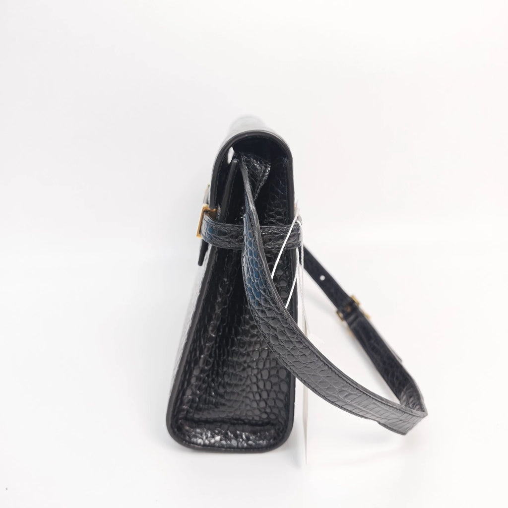 YSL Manhattan Medium Black Croc Embossed Leather Shoulder Bag Women