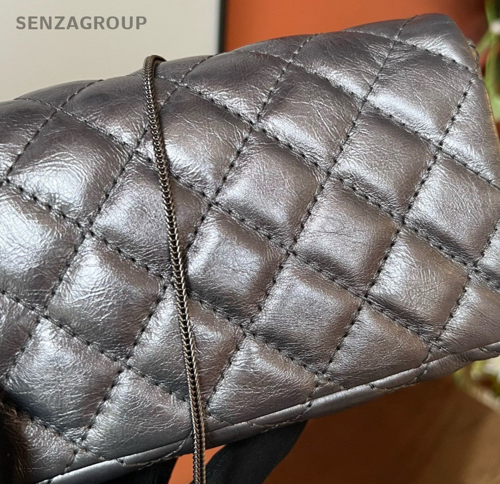 Chanel Vintage Diamond Pattern Shoulder Bag Silver Used Women Classic Designer