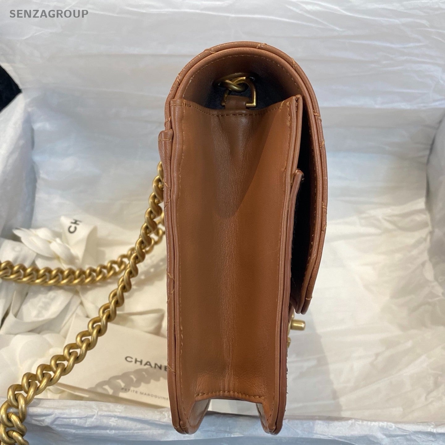 Chanel Bombay MM Calfskin Chain Shoulder Bag Crossbody Brown Gold Women Classic