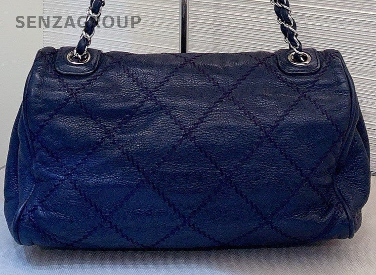 Chanel Classic Flap Calfskin Chain Shoulder Bag Blue Silver Used Women