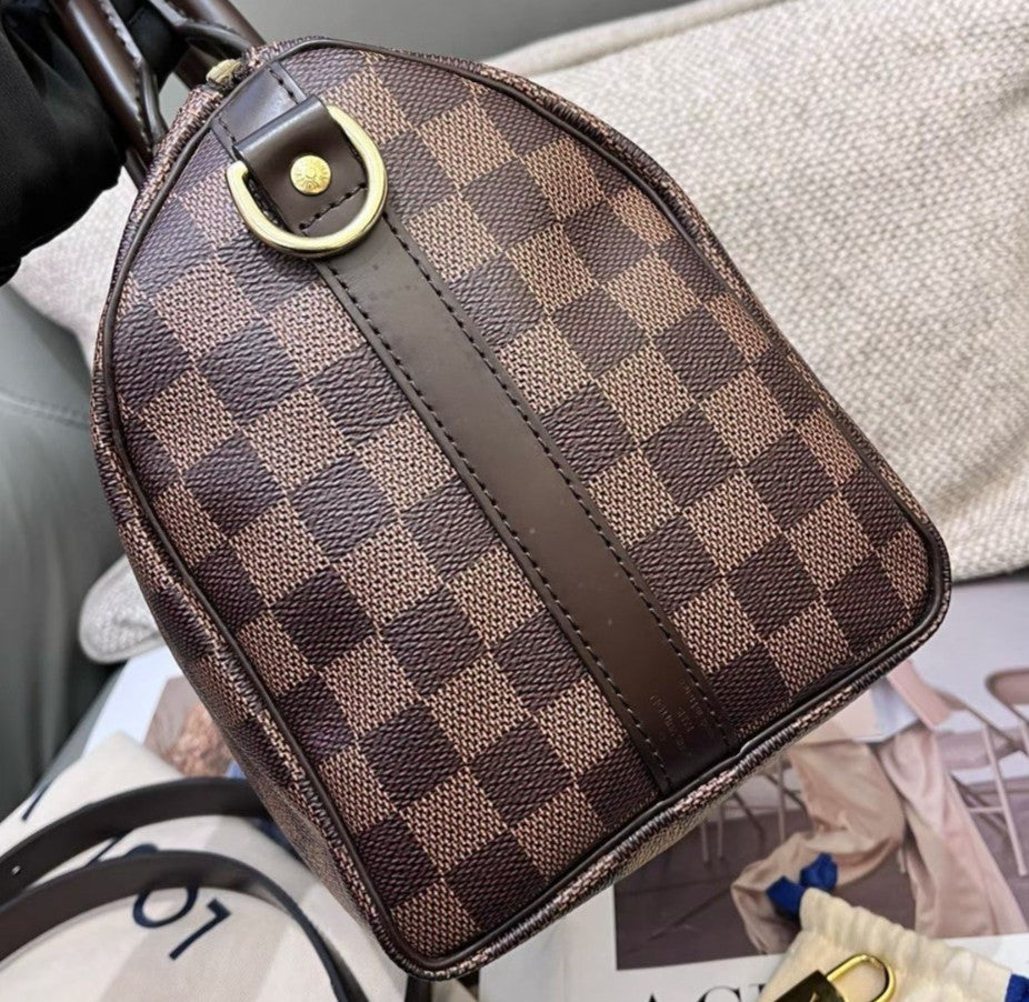 Louis Vuitton Speedy25 Damier Ebene Top Handle Bag Crossbody Brown Gold Women