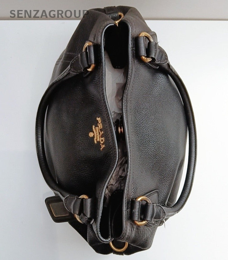 Prada Calfskin 2Way Handbag Crossbody Black Gold Women Classic Fashion