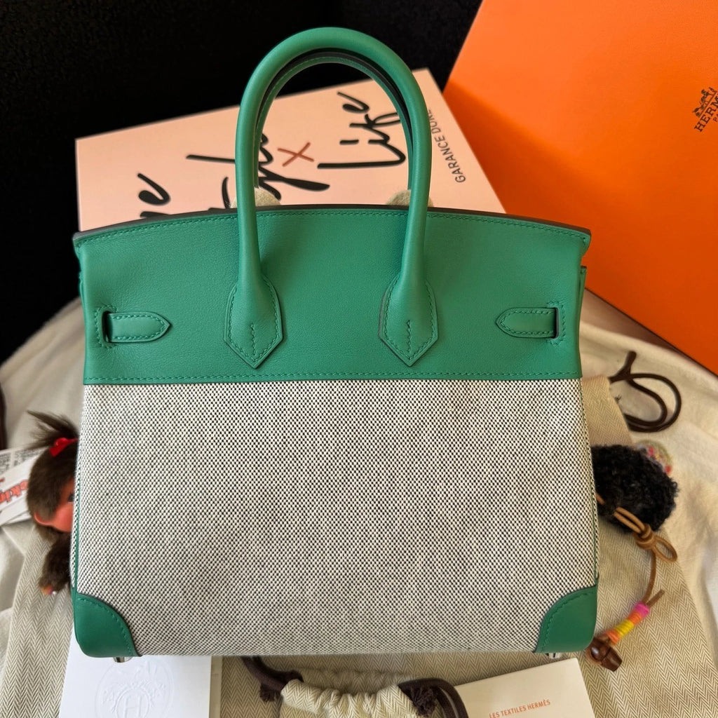 Hermes Birkin25 Canvas Green Silver Handbag For Women