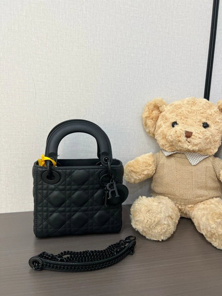 Dior Black Leather 3-Grid Lady Dior Top Handle Bag For Women