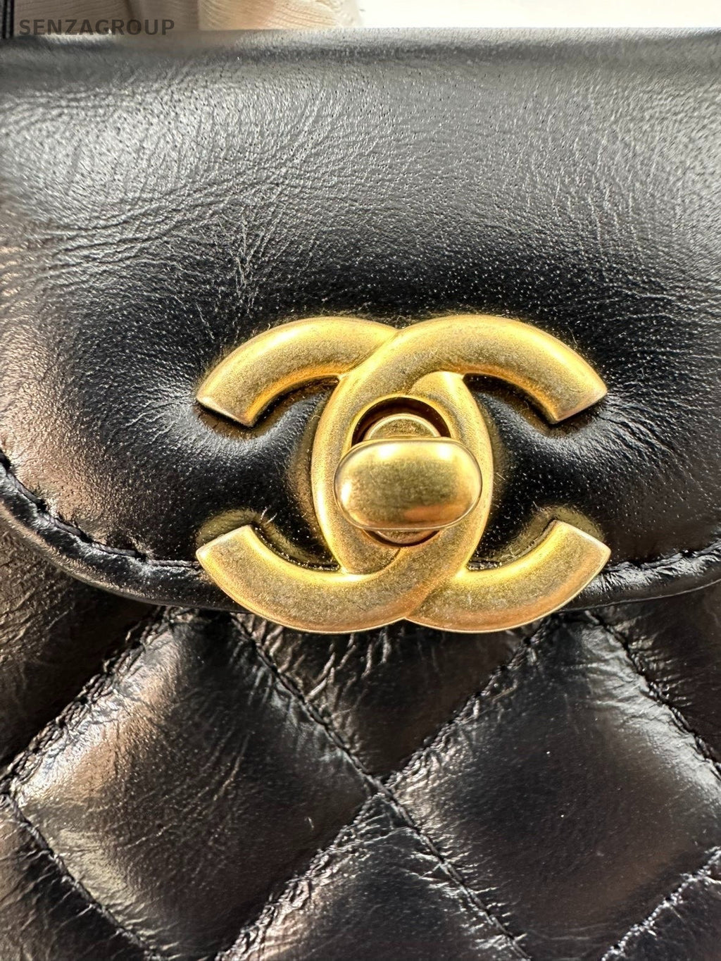 Chanel Kelly Nano Calfskin Top Handle Chain Shoulder Crossbody Black Gold Women
