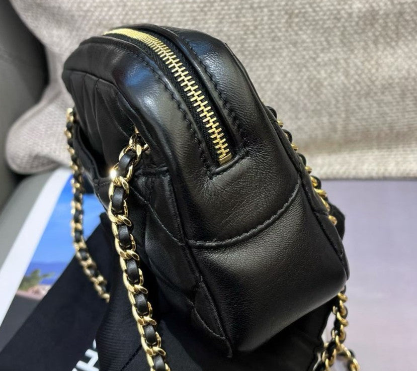 Chanel Diamond PM Camera Case Chain Shoulder Bag Black Gold Women Classic