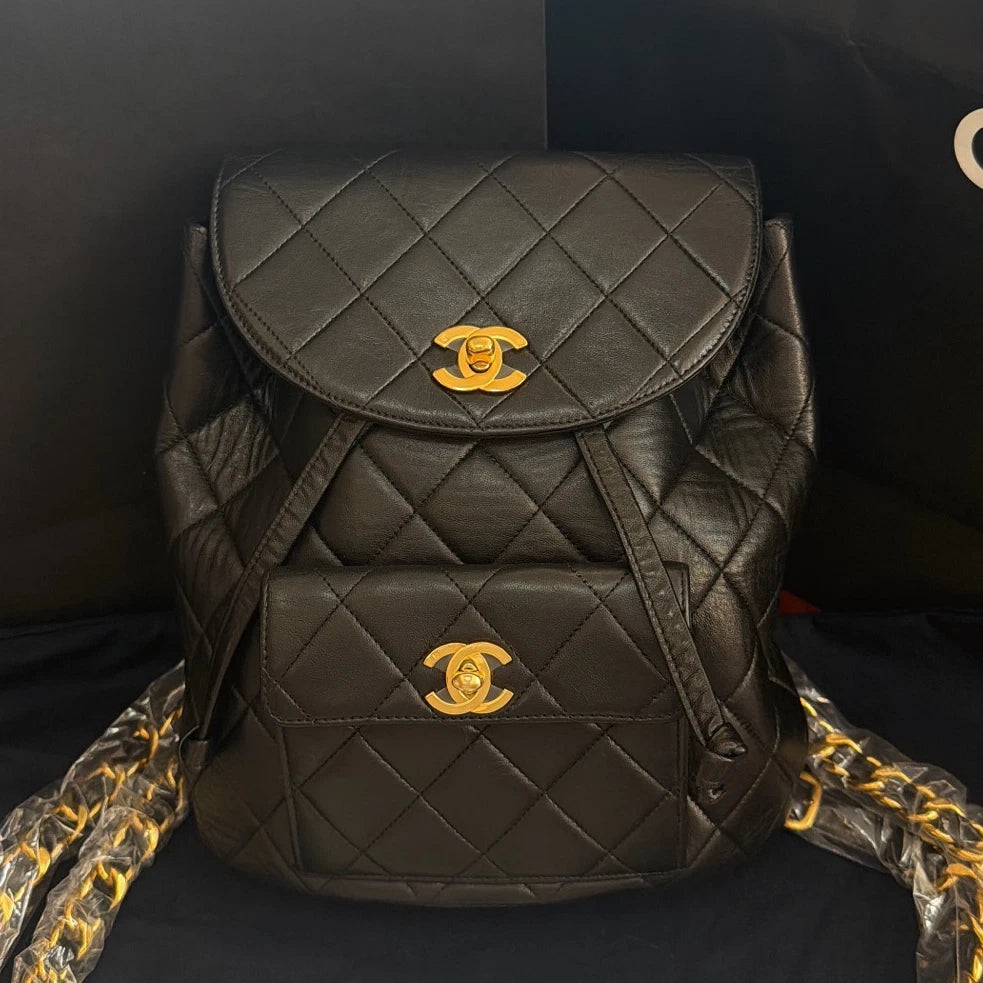 Vintage Chanel Duma Diamond Chain Black Backpack Gold Hardware