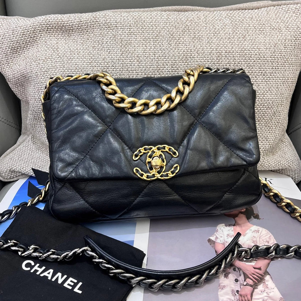 Chanel 19Bag PM Lambskin Chain Top Handle Crossbody Black Gold Women Classic