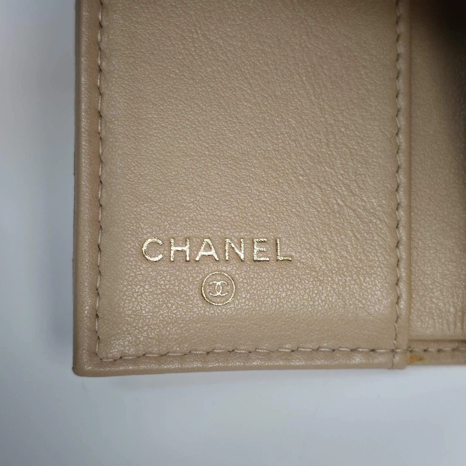 Authentic CHANEL Beige CF Gold Buckle Trifold Short Wallet Card holder For Women
