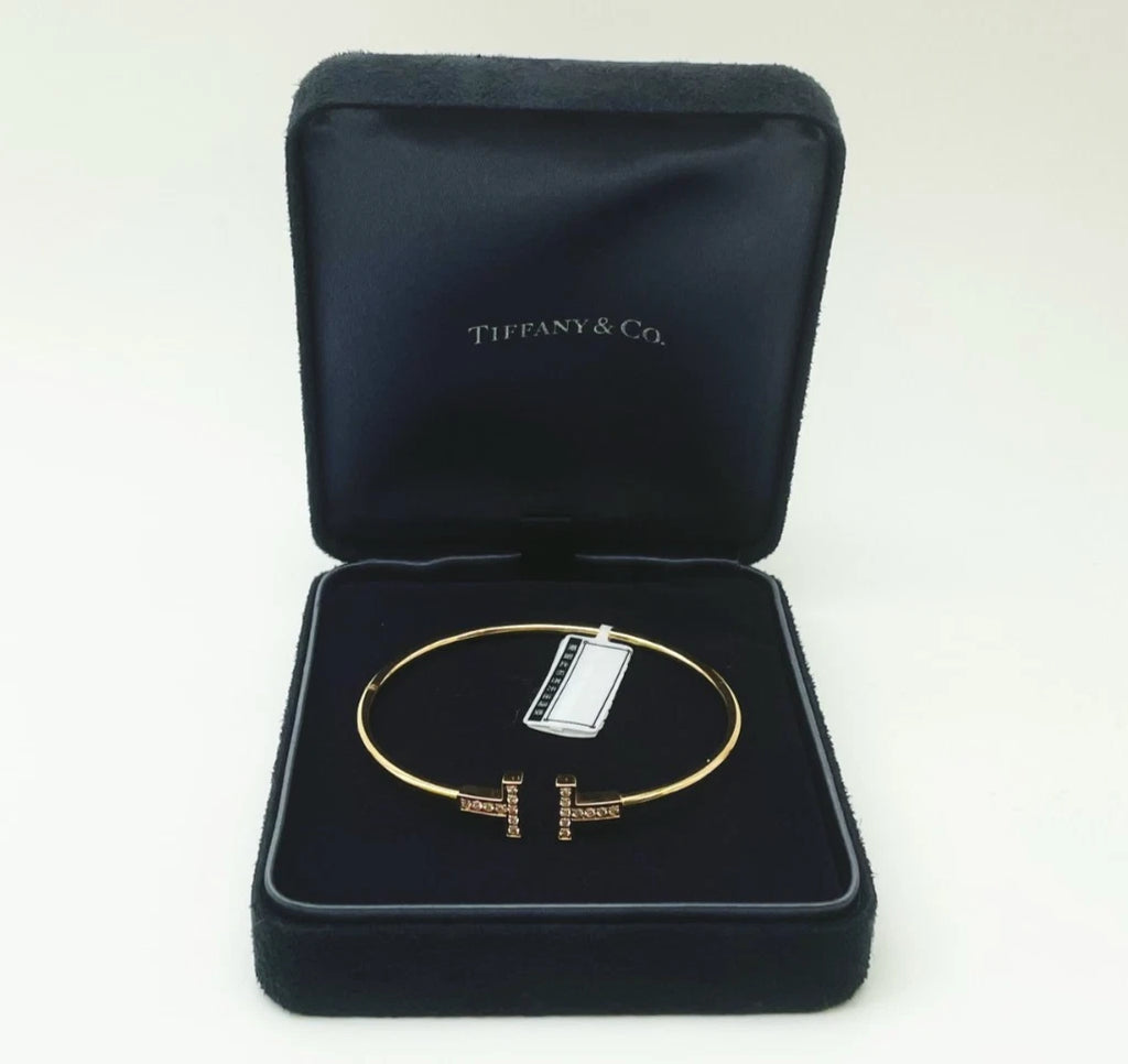 New Tiffany &amp; Co. Tiffany T 18K Rose Gold Narrow Wire Diamonds Cuff Bracelet