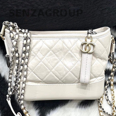 Chanel Small Gabrielle Hobo Bag White Gold Quilted Chain Shoulder Crossbody