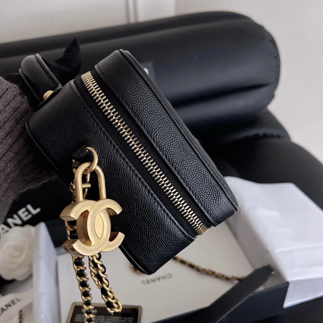 Chanel Camera Case PM Calfskin Chain Crossbody Black Gold Diamond Women Classic