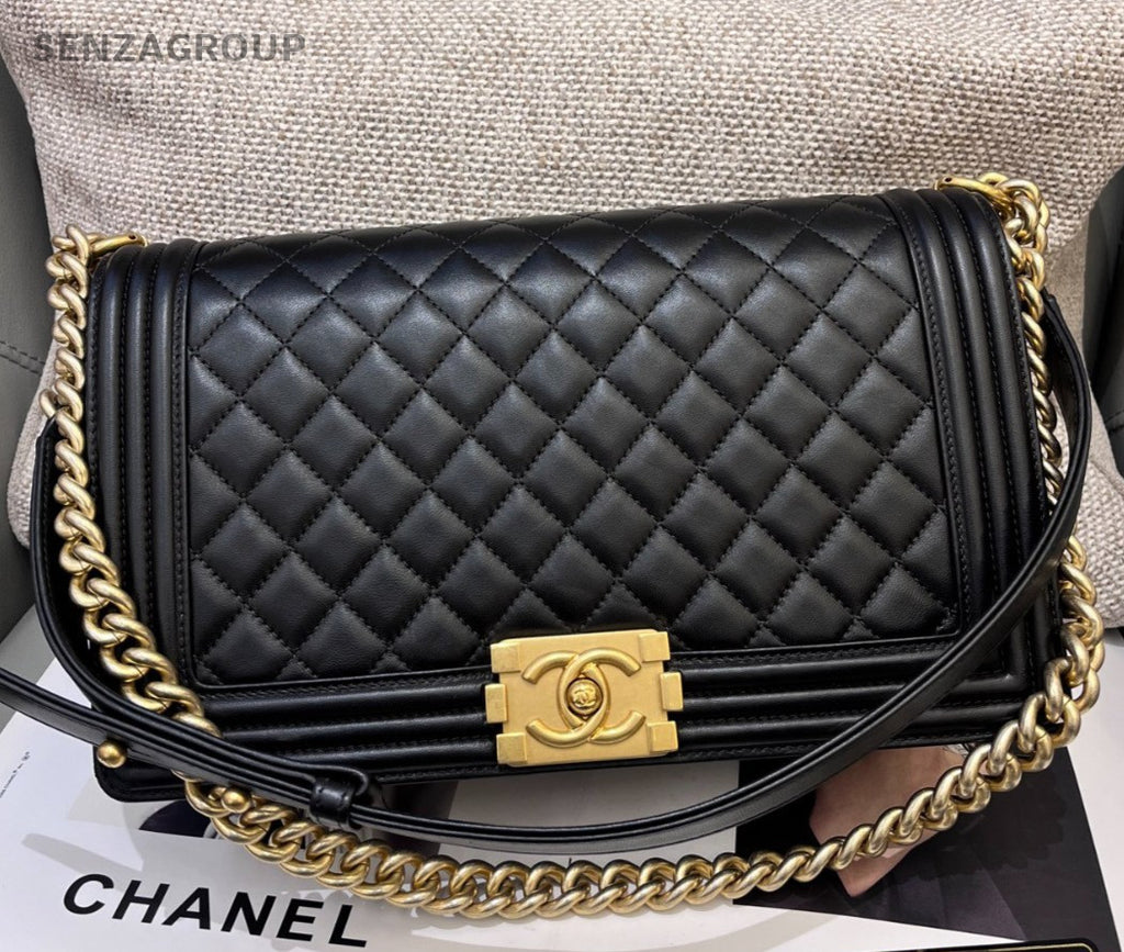 Chanel Leboy GM Lambskin Chain Shoulder Bag Crossbody Black Gold Women Classic