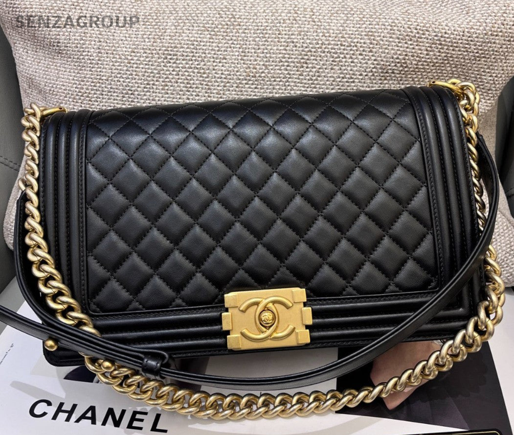 Chanel Leboy GM Lambskin Chain Shoulder Bag Crossbody Black Gold Women Classic