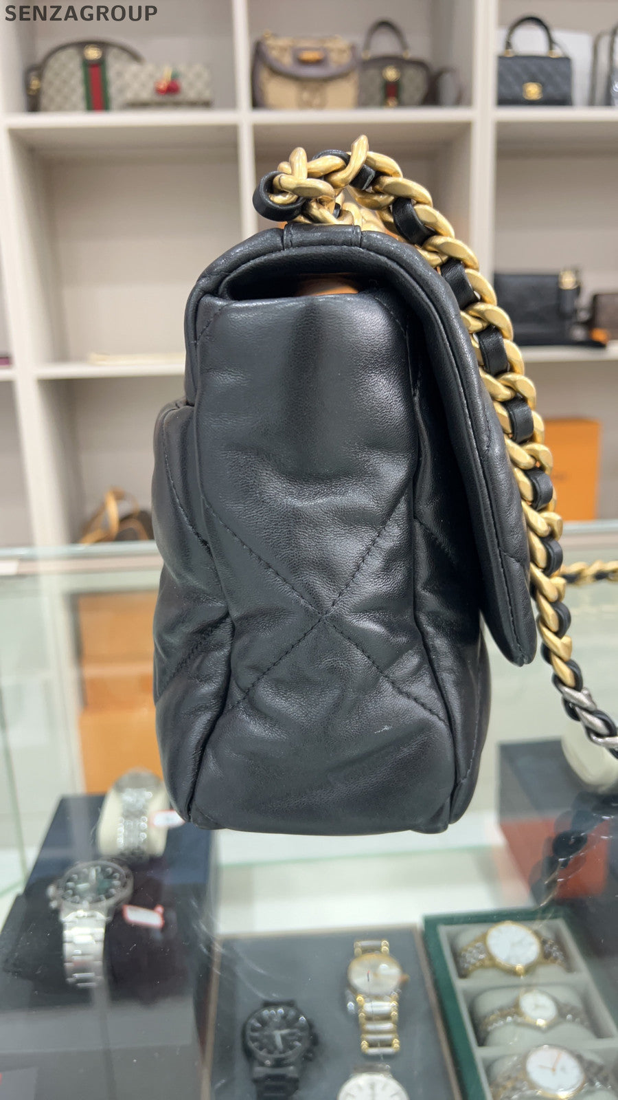 Chanel 19 Medium Black Lambskin Gold Chain Shoulder Bag Classic Women