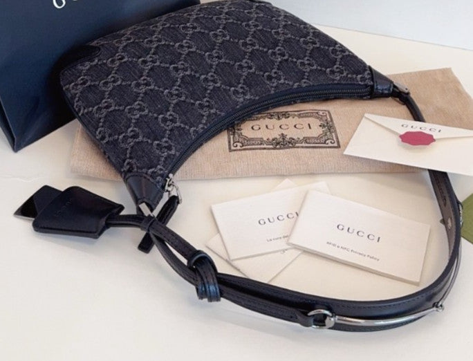 GUCCI Horsebit Slim Denim Black Monogram Shoulder Handbag  Women